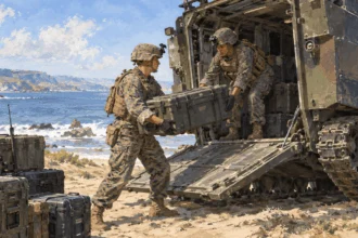 Conceptual painting of Marines loading communications equipment during a training exercise.