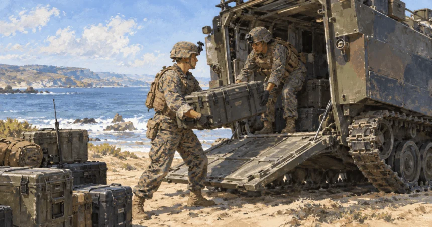 Conceptual painting of Marines loading communications equipment during a training exercise.