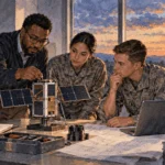 Conceptual watercolor painting of technicians discuss a satellite model in an operations room.