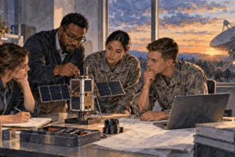 Conceptual watercolor painting of technicians discuss a satellite model in an operations room.