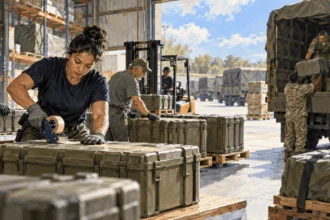 Painted illustration of workers preparing military supplies for shipment from a logistics warehouse.