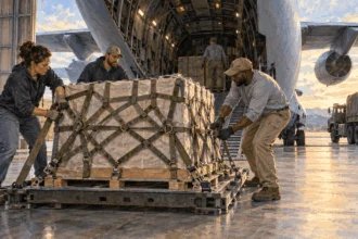 Conceptual painting of logistics workers preparing cargo for transport.