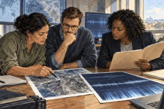 Conceptual painting of analysts comparing a terrain image and nonverbal signal patterns.