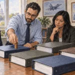 Conceptual painting of defense budget analysts comparing program binders.