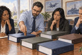 Conceptual painting of defense budget analysts comparing program binders.