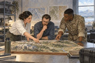 Painted illustration of defense researchers and analysts discussing a terrain model.