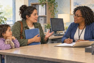 Parent reports a new job to a benefits caseworker.