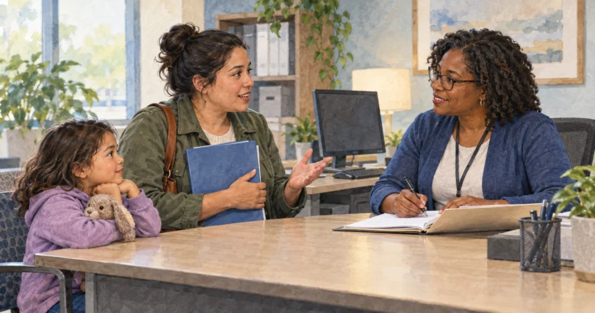 Parent reports a new job to a benefits caseworker.