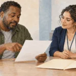 Conceptual watercolor painting of a person reviewing an unmarked notice with an adviser.