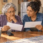 Conceptual watercolor painting of an older adult checks a suspicious benefit message with a relative.