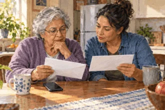 Conceptual watercolor painting of an older adult checks a suspicious benefit message with a relative.