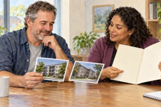 Housing-support worker and client consider an apartment listing and referral folder.