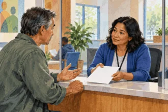 Painted scene of a person raising a service concern with a program worker.