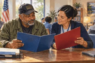 Conceptual painting of a veteran comparing community-service folders with a navigator.