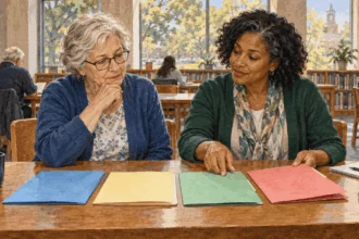 Painted illustration of an older adult discussing health coverage options with a counselor.