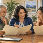 Conceptual painting of two adults discussing Medicare eligibility with a counselor.