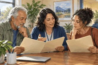 Conceptual painting of two adults discussing Medicare eligibility with a counselor.