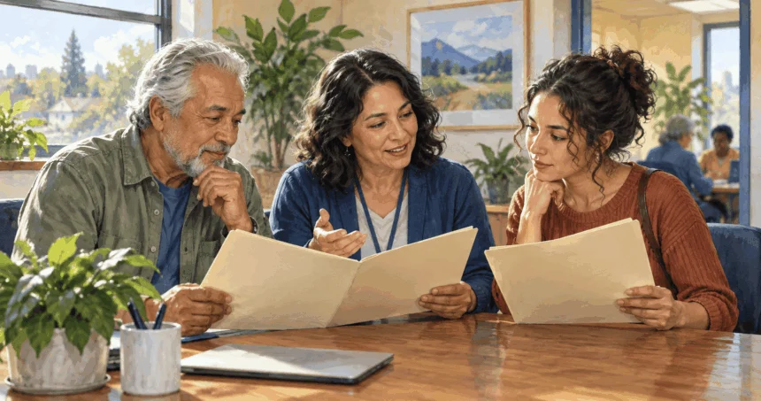 Conceptual painting of two adults discussing Medicare eligibility with a counselor.