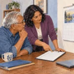 Painted illustration of an older adult and counselor reviewing a calendar and enrollment checklist.