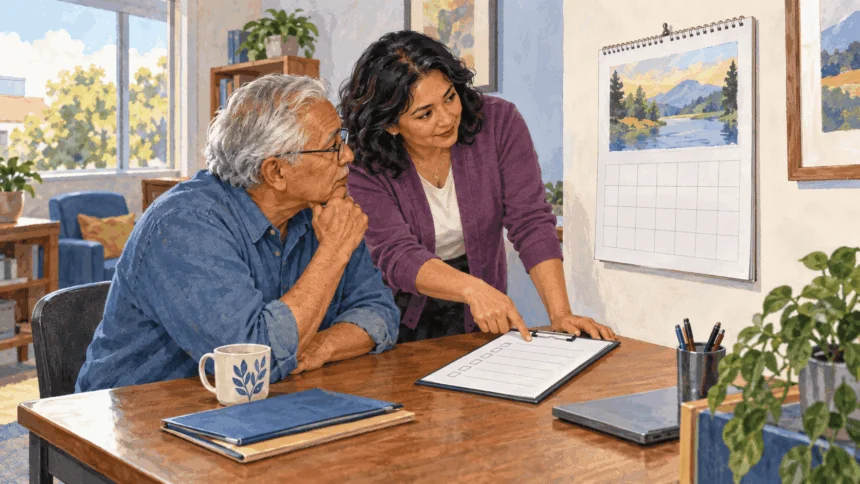 Painted illustration of an older adult and counselor reviewing a calendar and enrollment checklist.