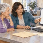 Conceptual watercolor painting of older adult begins a health-insurance enrollment question.