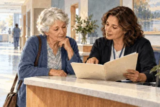 Conceptual watercolor of an older patient discussing hospital paperwork with a care navigator.