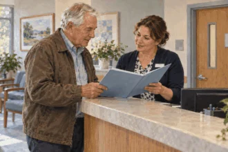 An older adult and clinic staff review medical-insurance paperwork.