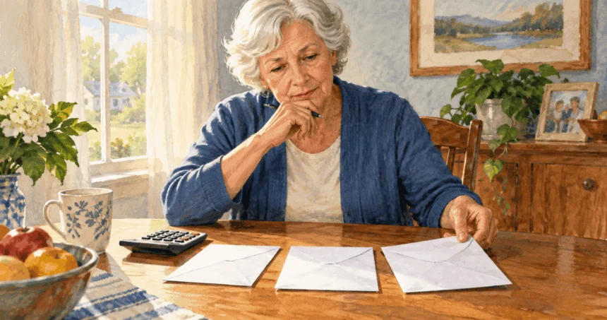 Conceptual painting of an older adult reviewing medical cost envelopes at home.