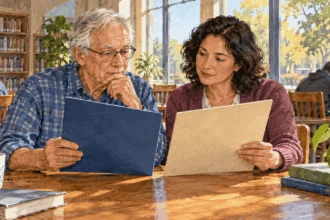 Conceptual painting of an older adult comparing Medicare coverage options with a counselor.