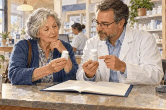 Conceptual watercolor of an older customer discussing prescriptions and a blank plan folder with a pharmacist.