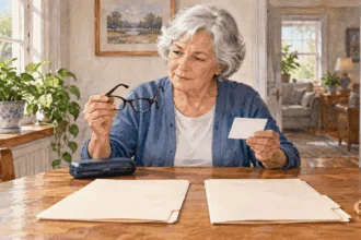 Conceptual painting of an older adult comparing dental and vision coverage options.