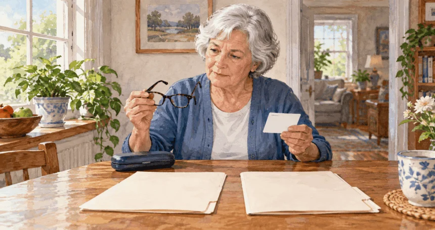 Conceptual painting of an older adult comparing dental and vision coverage options.