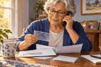 Painted illustration of an older adult using a phone while sorting a damaged card sleeve and mail.