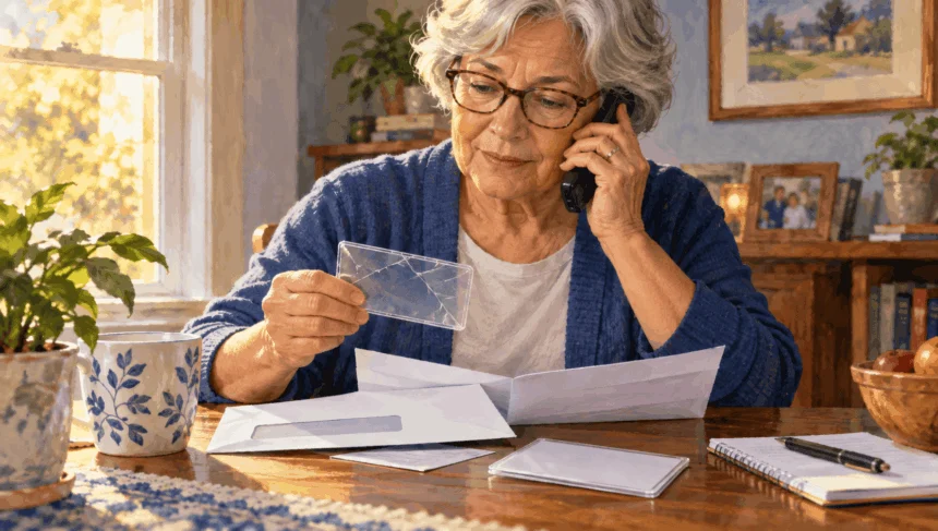 Painted illustration of an older adult using a phone while sorting a damaged card sleeve and mail.