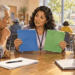 Painted illustration of a benefits navigator explaining two health coverage options.