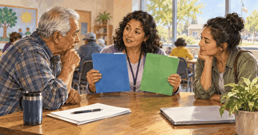 Painted illustration of a benefits navigator explaining two health coverage options.