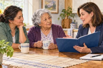 Older adult and caregiver consult a health-plan counselor at home.