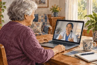 Conceptual watercolor of an older patient speaking with a clinician by video from home.
