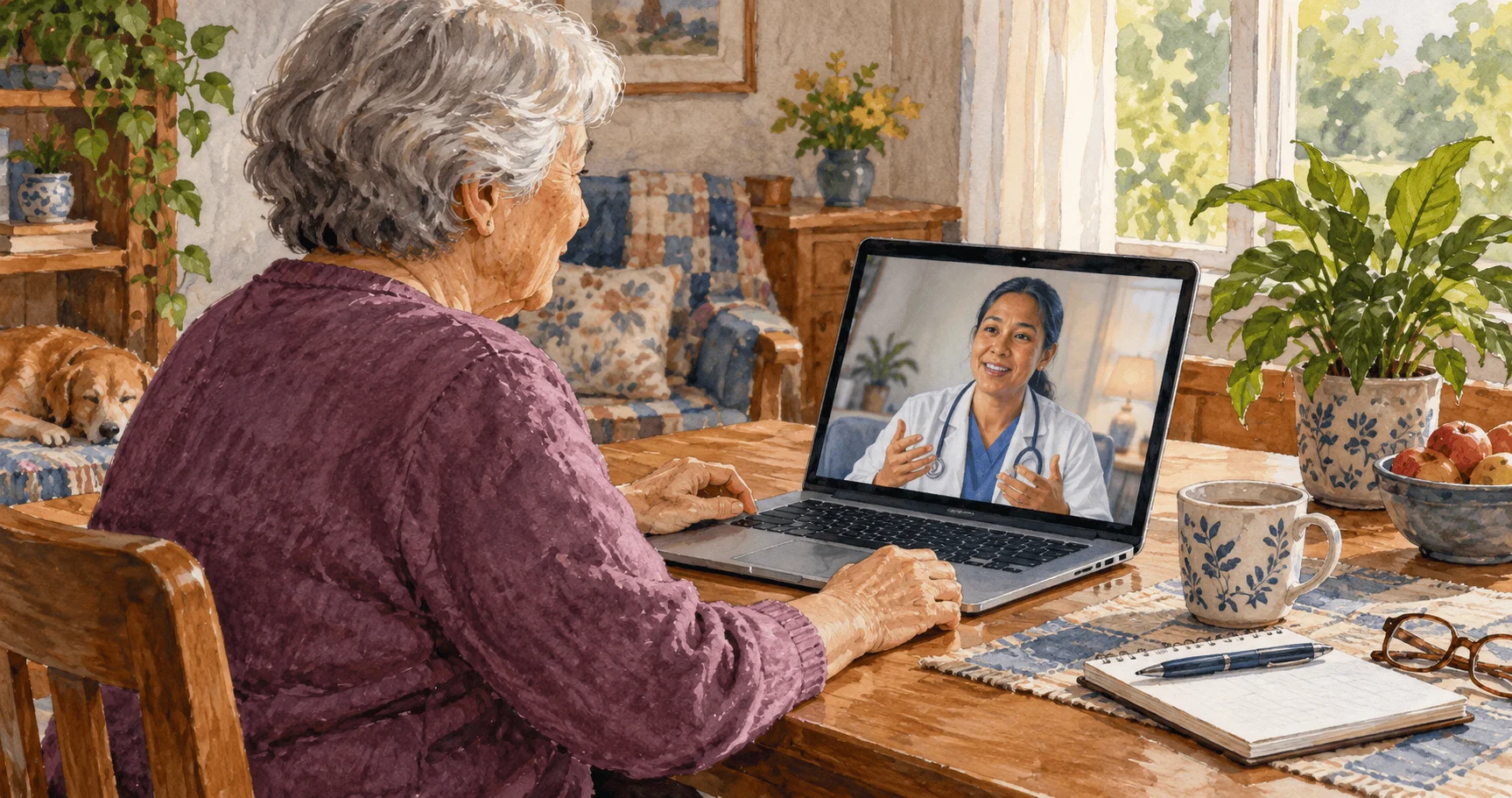 Conceptual watercolor of an older patient speaking with a clinician by video from home.