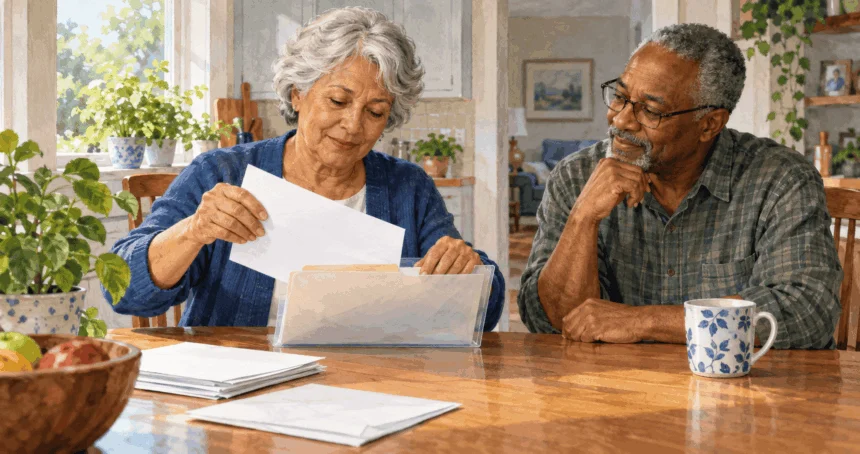 Conceptual painting of an older adult organizing a Medicare appeal at home.