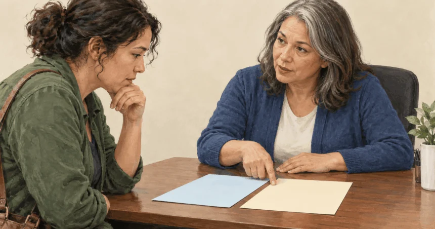 Conceptual painting of a resident and counselor comparing unmarked Medicaid application materials at a state benefits desk.