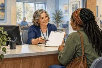 Painted illustration of a clinic receptionist speaks with a patient across a desk holding a blank intake form, conveying access to covered care without depicting specific eligibility or guaranteed services.