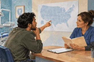 Conceptual painting of an adult patient asking a clinic counselor about state dental coverage.
