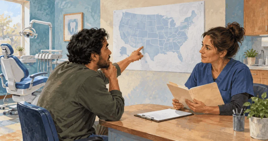 Conceptual painting of an adult patient asking a clinic counselor about state dental coverage.