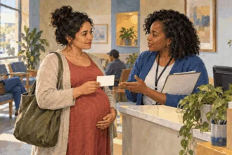 Painted illustration of an expectant parent speaking with a clinic coverage navigator.