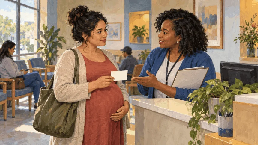 Painted illustration of an expectant parent speaking with a clinic coverage navigator.