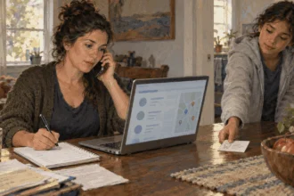 An adult searches for a participating doctor or dentist by phone and laptop.