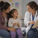 A parent and child speak with a clinician after a checkup.