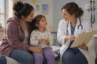 A parent and child speak with a clinician after a checkup.