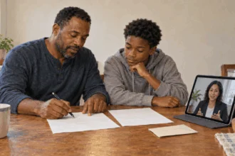 A parent and benefits navigator review income records for child coverage.